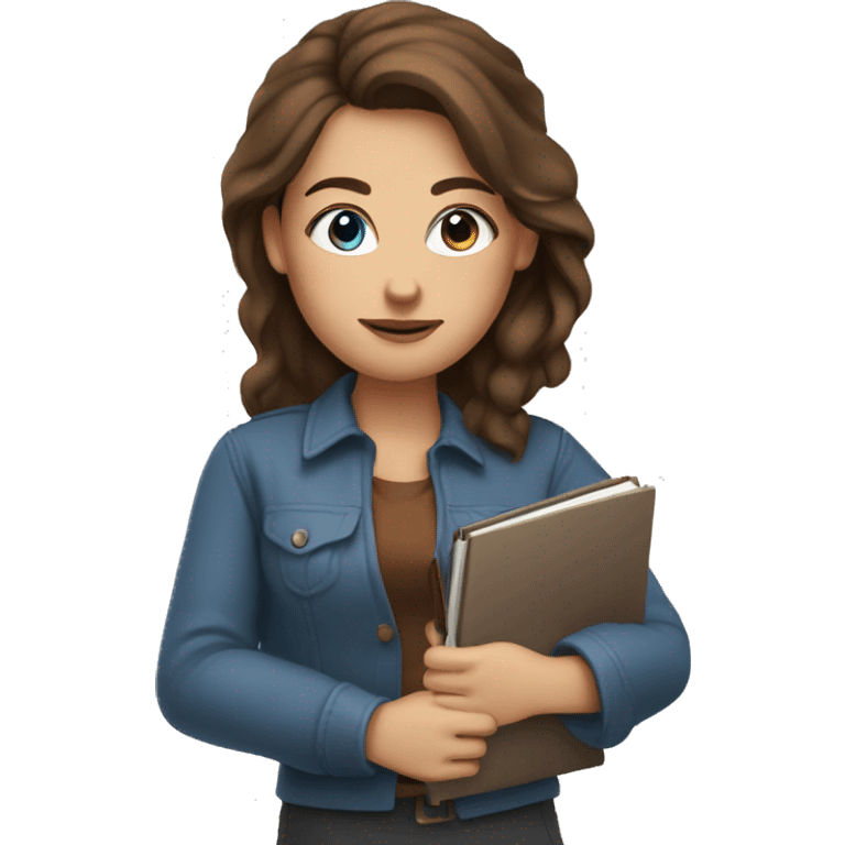 Women with blue eyes and brown hair with a pen and a notebook in her hands emoji