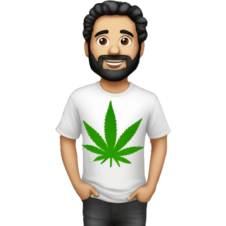 hombre blanco, con pelo negro largo, ojos marrones. remera negra y con chalas de cannabis emoji