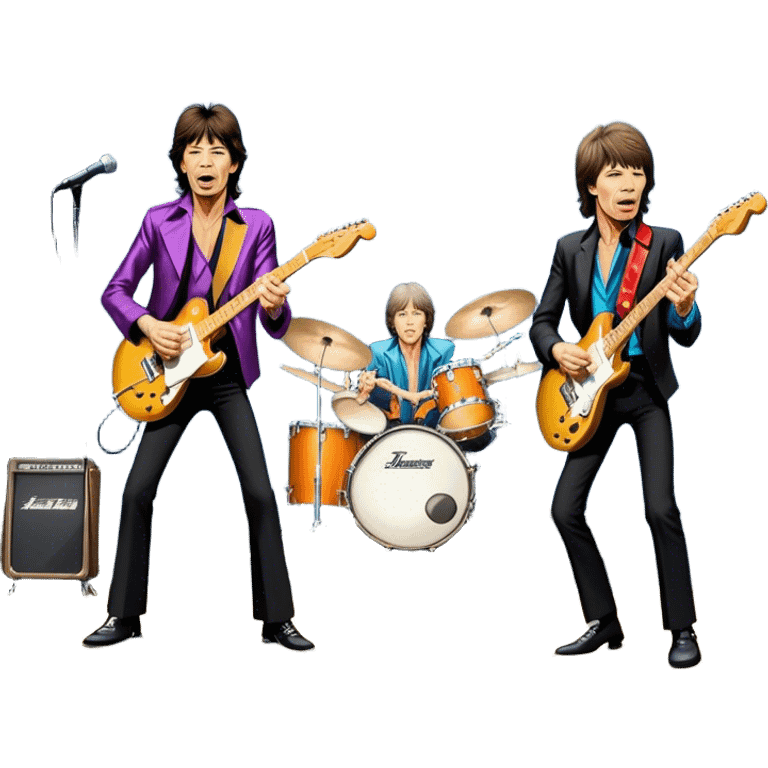 Icon for Rock Music: The Rolling Stones live on stage with Mick Jagger performing vocals, Keith Richards playing guitar, and Charlie Watts on drums. Iconic stage lights, electric guitars, and energetic crowd. Transparent background. emoji