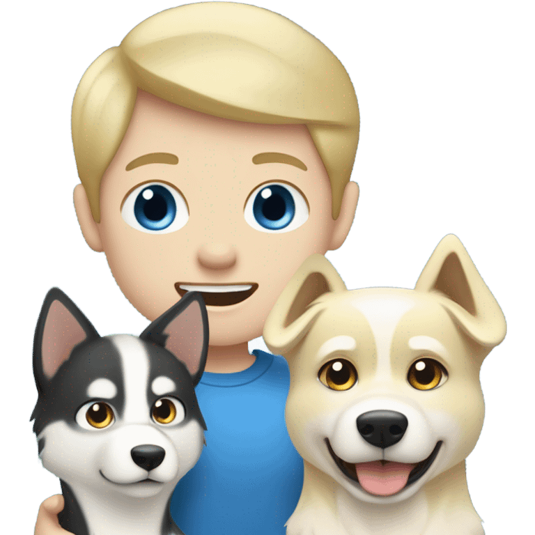 Black hair Pale skin boy, blond hair pale skin boy and a one golden Husky with blue eyes famille emoji