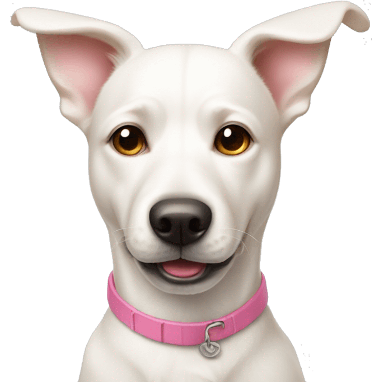 White dog with tan colored ears and a pink nose emoji