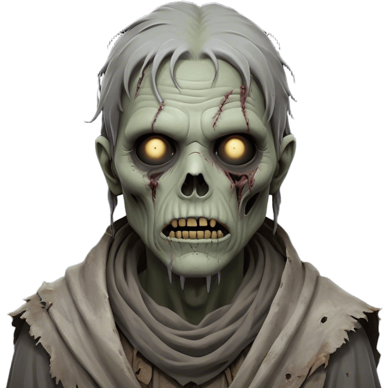 Cinematic Noble Zombie Portrait Emoji, Surprisingly dignified and somber, with a decaying yet strangely regal visage in ashen grays and muted tones, draped in tattered attire hinting at a lost grandeur, simplified yet meticulously detailed, glowing with a soft, eerie radiance and a gentle outline that evokes the tragic nobility of the undead! emoji