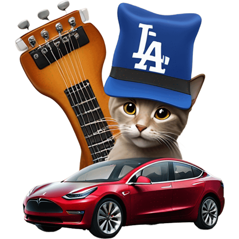 Cat play guitar with Jordan’s and a dodgers hat on top of a Tesla model 3 emoji