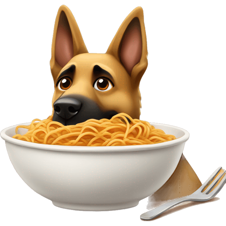 German shepherd eating a big bowl of spaghetti emoji