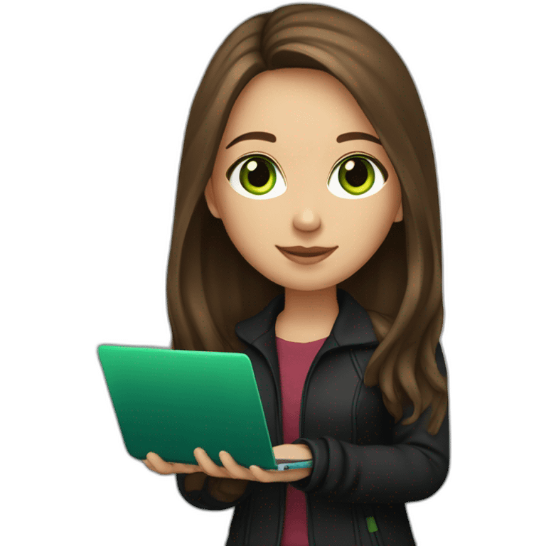 girl with long brown hair, green eyes,in black jacket, with laptop emoji