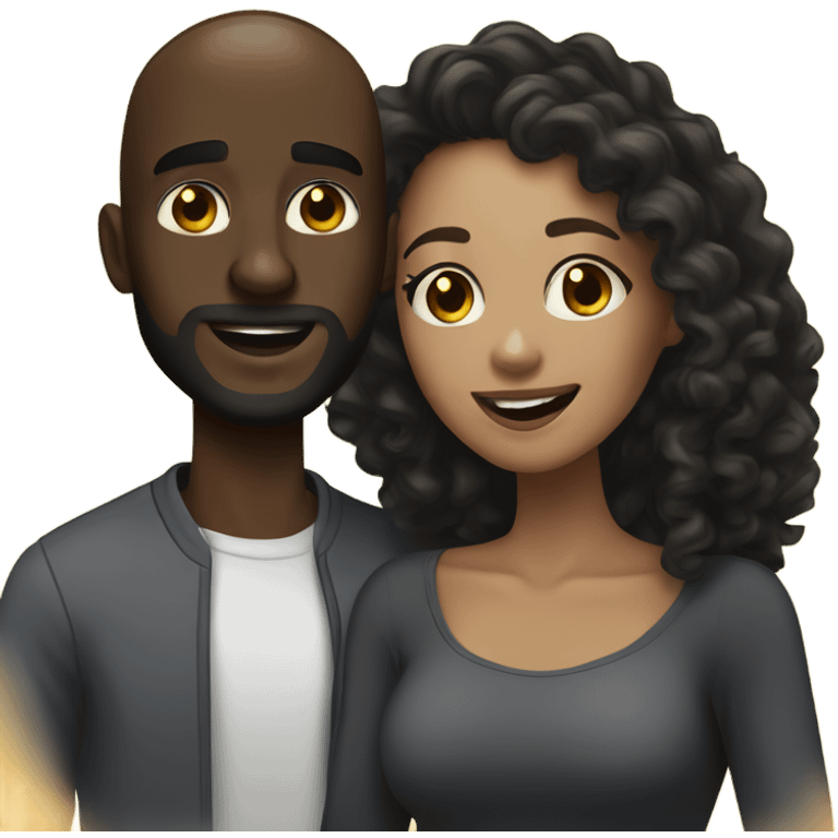 Dark skin man with bald head and beard taking selfie with light skin woman with long black curly hair emoji