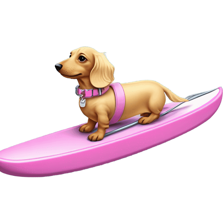 Long haired miniature dachshund cream colour with pink collar on waterskis emoji