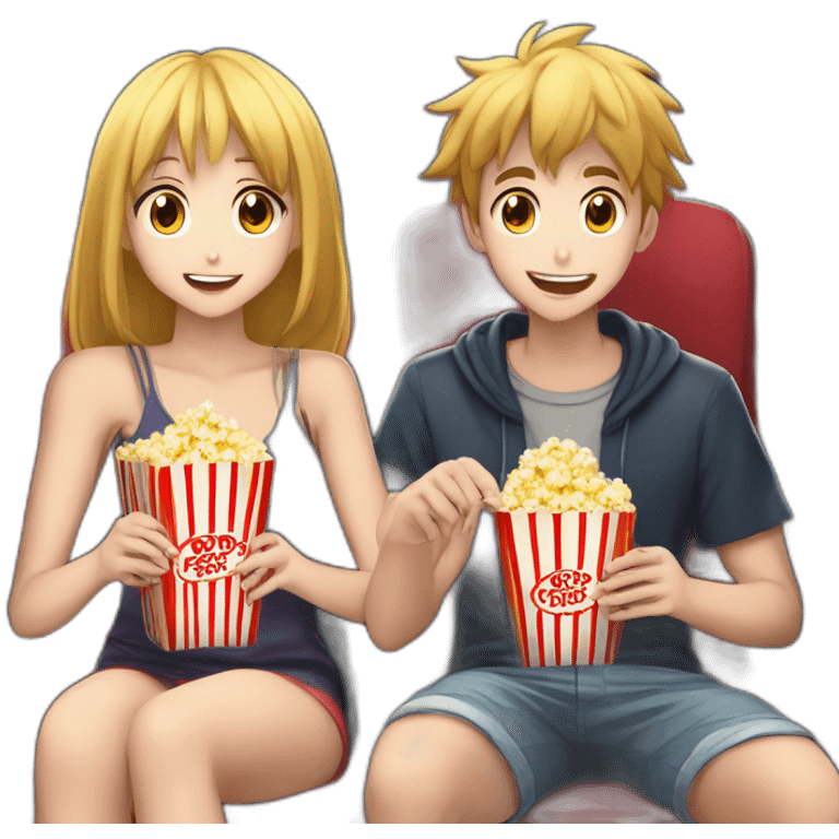 two anime girls 1 anime boy, watching movie at the cinema eating popcorn, dark background emoji