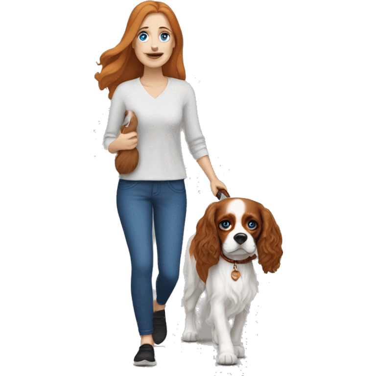 A white woman with blue eyes walks with a cavalier King Charles spaniel emoji