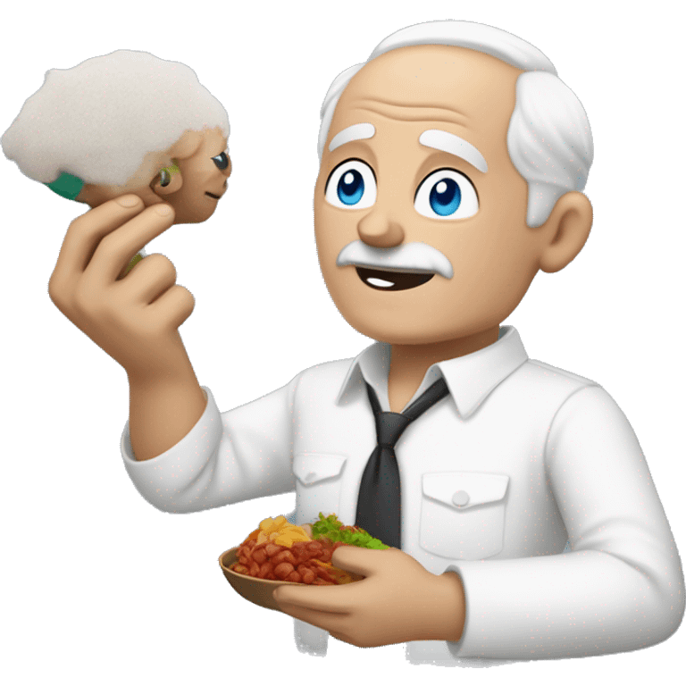 older man with white hair but no hair on top, blue eyes, wearing a white shirt with a little spot of dirt from food, holding  chines food in one hand and a BMW car key in the other  emoji