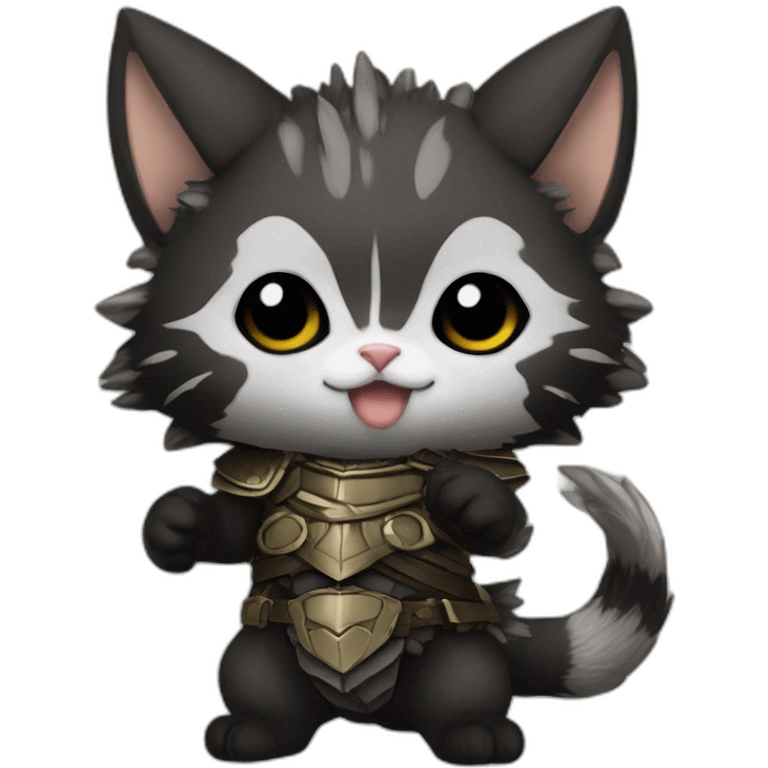 chibi monster hunter palico with all black fur on hind legs wearing armor and blepping emoji