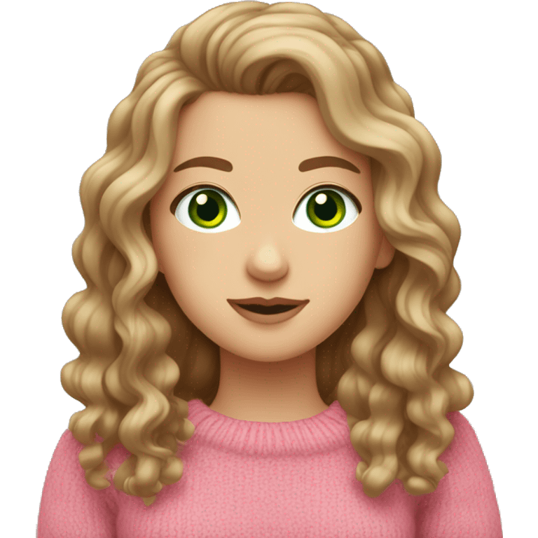 White girl with brown long curled hair and green eyes and a pink sweater emoji