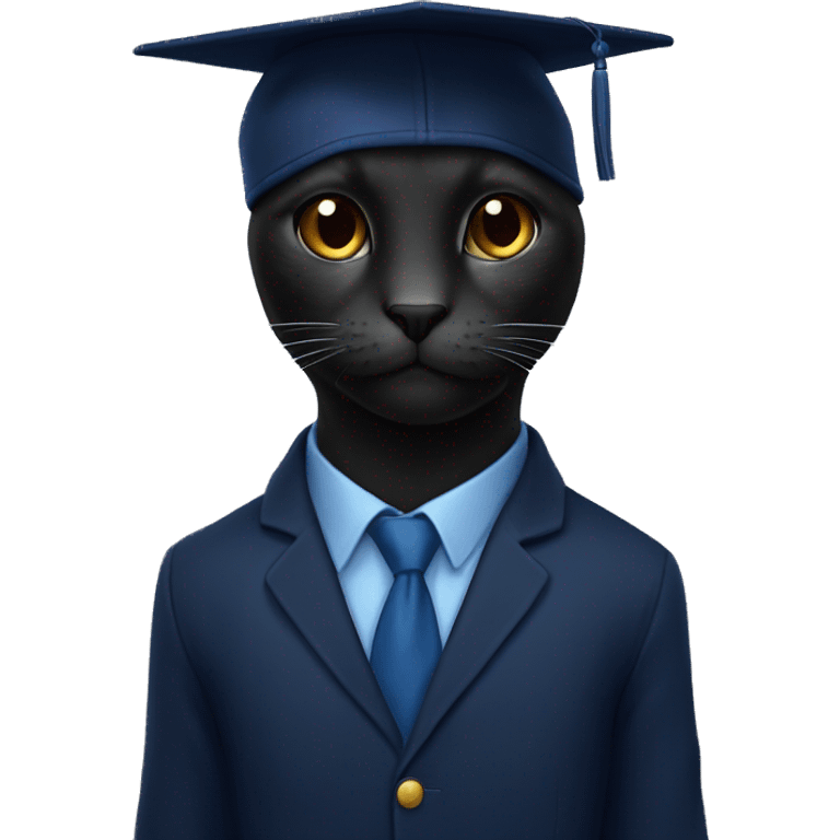 The student is a black wool cat in a dark blue suit and a square academic dark blue cap emoji