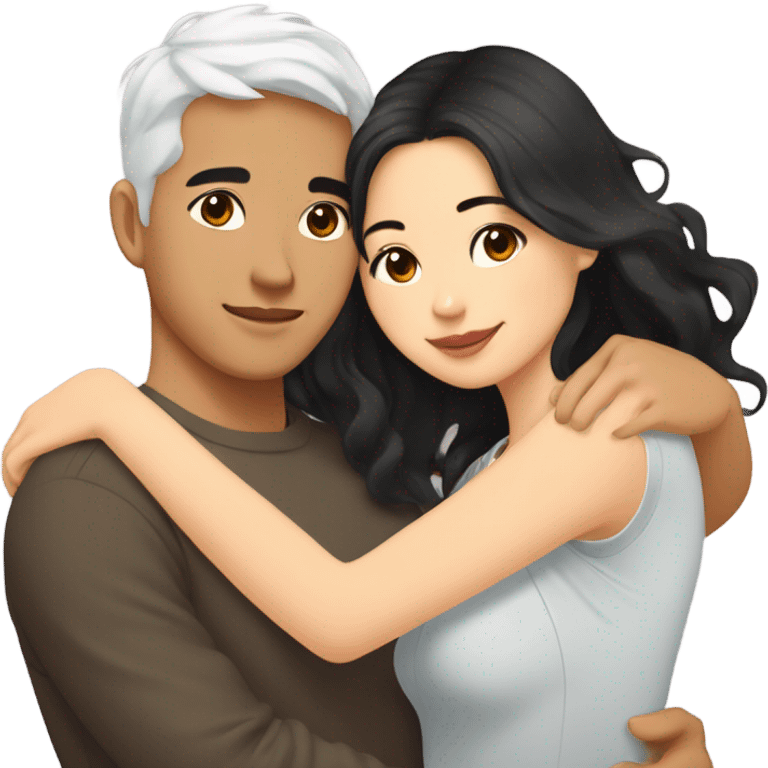 A half pale Asian man with short dark hair and amber eyes embracing and loving a half Asian woman with long wavy dark hair and dark hazel eyes. They love each other a lot And have good fashion taste and are hugging each other tight  emoji