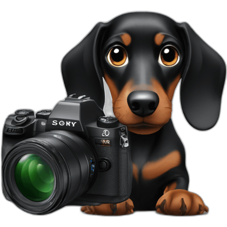 a black dachshund dog holds a SONY camera in his hands emoji