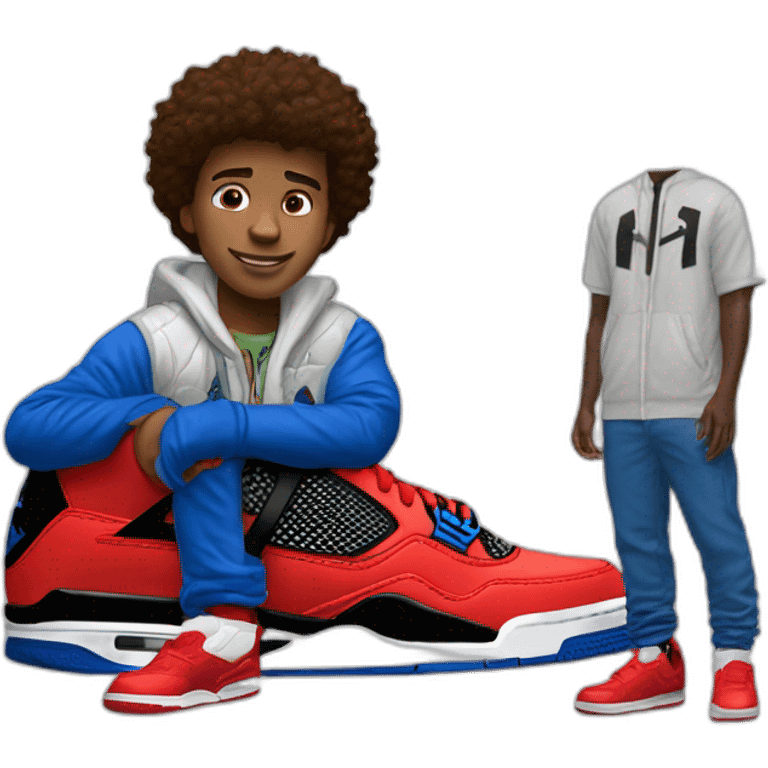 Boy waring spider man jacket and waring white jordan 4 emoji