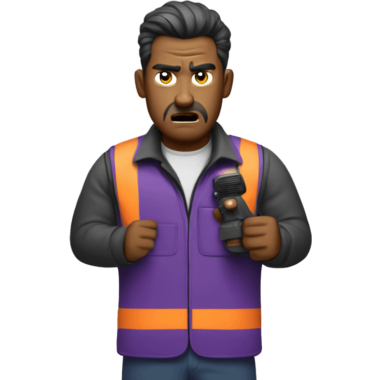 Guy ANGRY on purple walkie talkie in work vest emoji