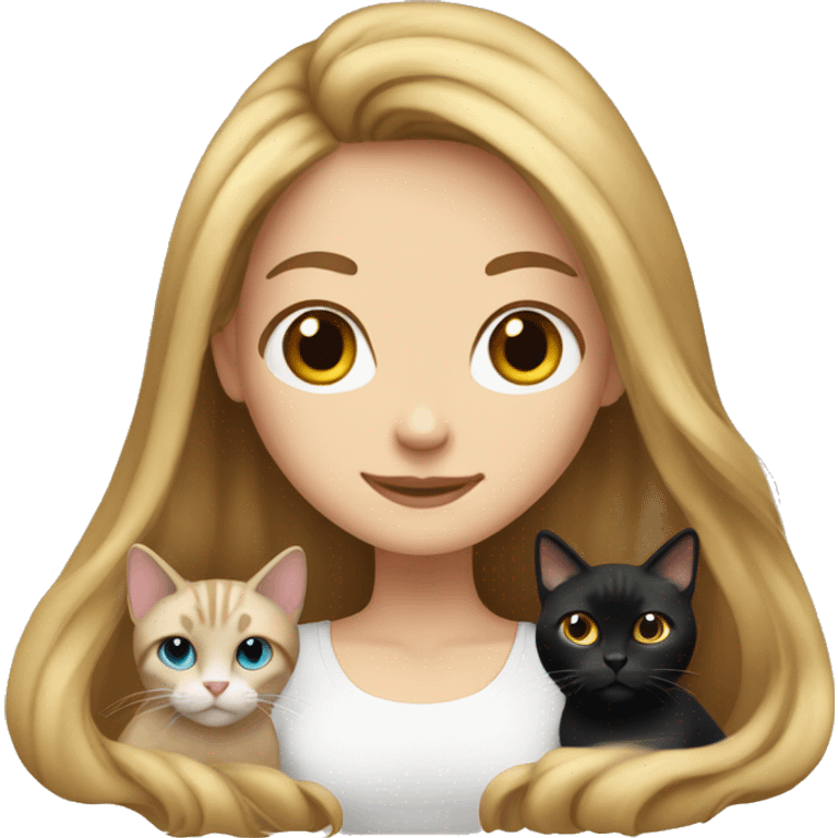 Long hair white girl with 2 cats  one brown and one black emoji