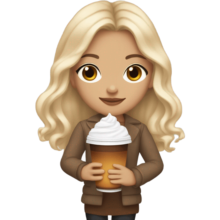 aesthetic white girl with blonde wavy hair and brown eyes sipping an iced americano in a cute coffee shop  emoji