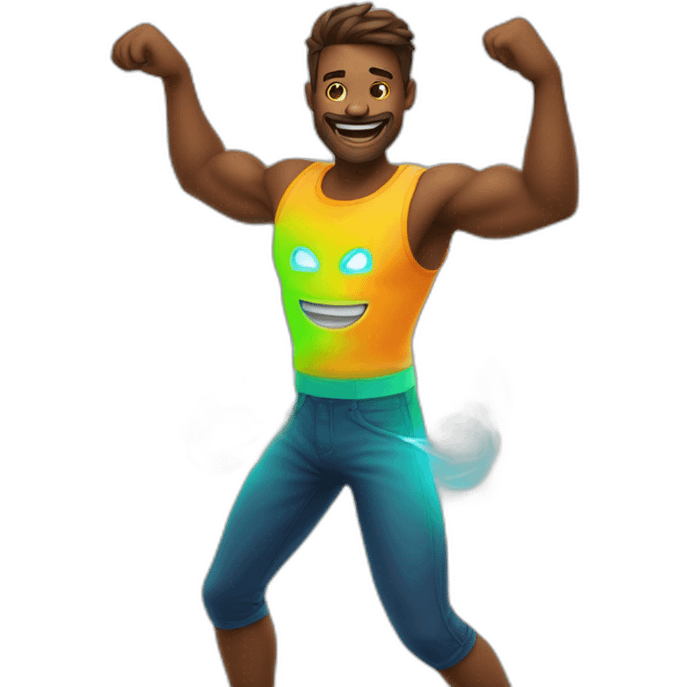 Fit, playful emoji-man with vivid neon glow, exuding a cheerful aura, and strong, lively posture.”  emoji