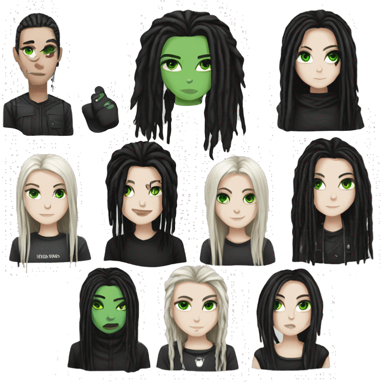 White girl, anonymous, cyberpunk black dreadlocks, green eyes, gothic, punk emoji