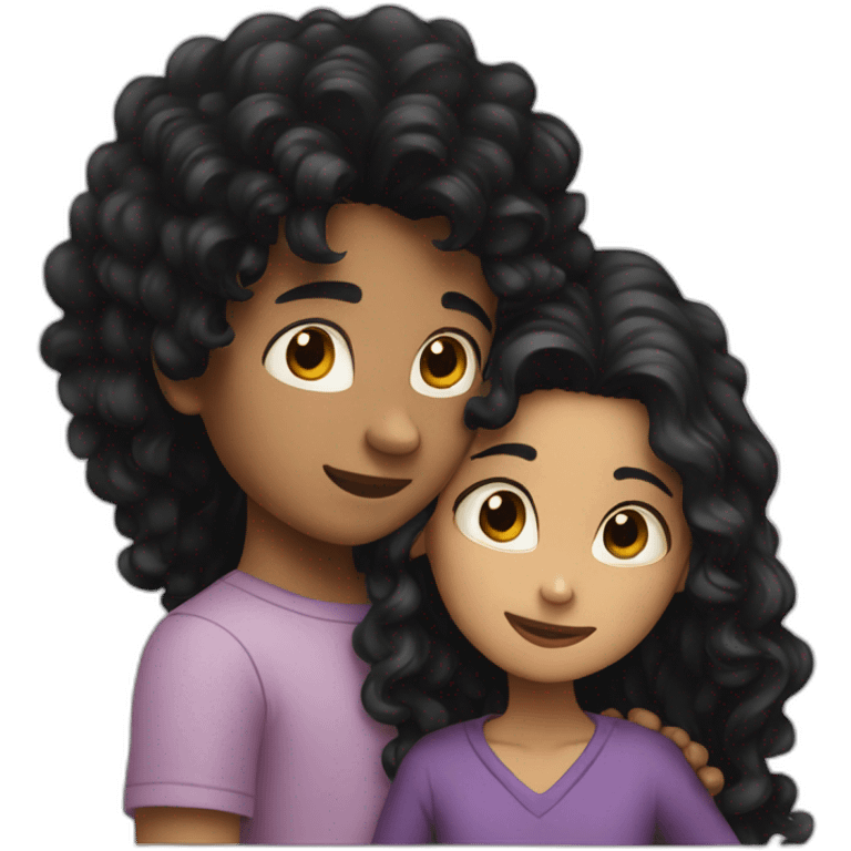 Boy with black hair and girl with long curly black hair hugging emoji