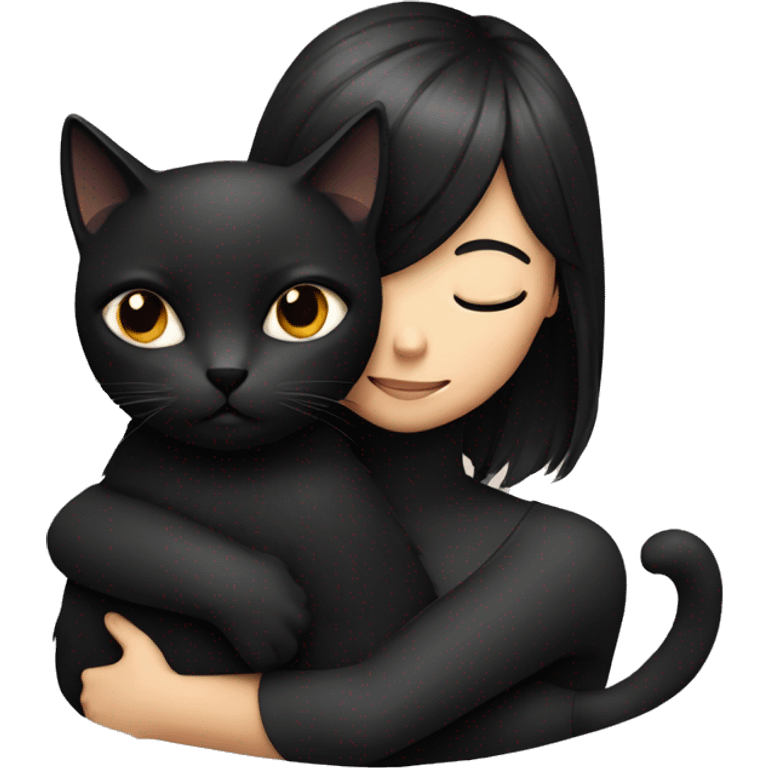 Girl hugging black cat. The girl has black hair. emoji