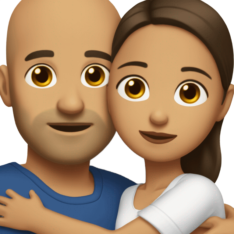 Comforting hug from brunette Puerto Rican with dark brown eyes to short, bald man with brown eyes emoji