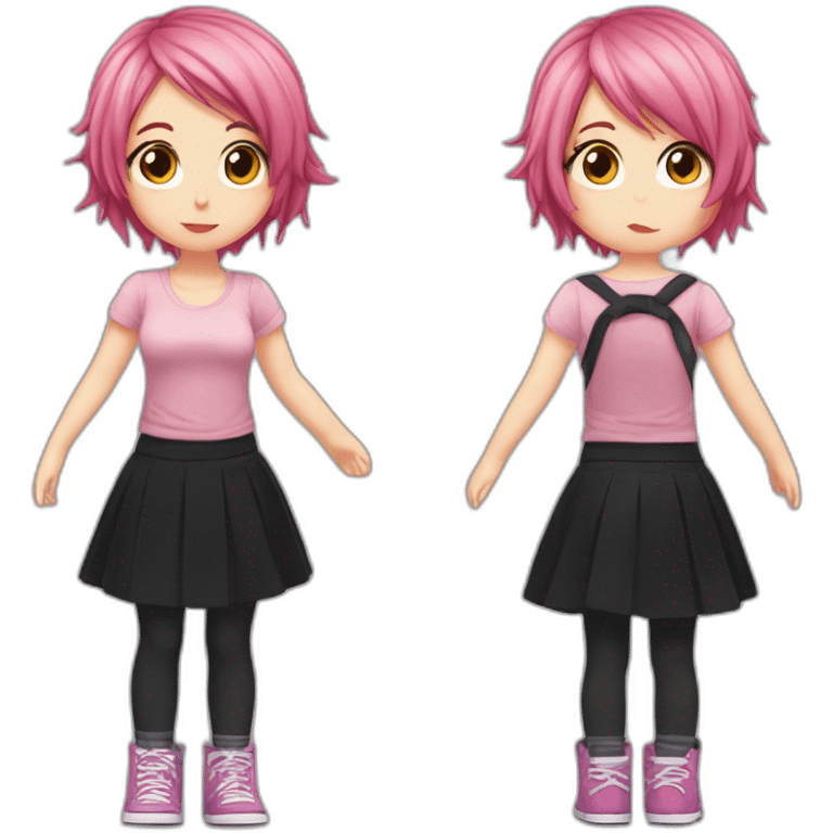 Full body Front view curvy emo girl pink hair sits on the floor straight view hands up black skirt полосатые рваные чулки emoji