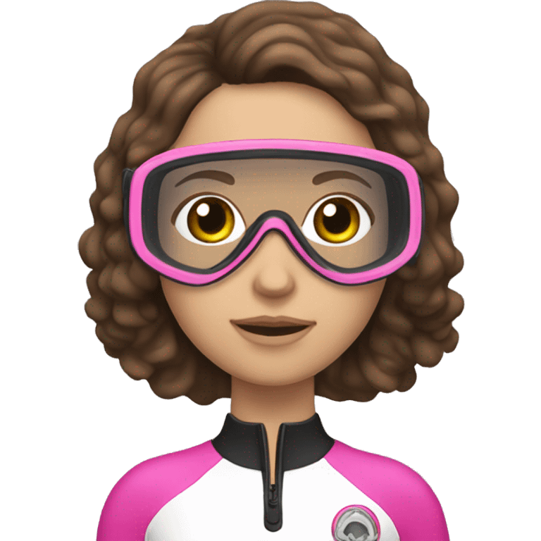 Woman Scuba diving underwater, the woman should have brown wavy hair, brown eyes, white skin tone and a pink mask / fins emoji