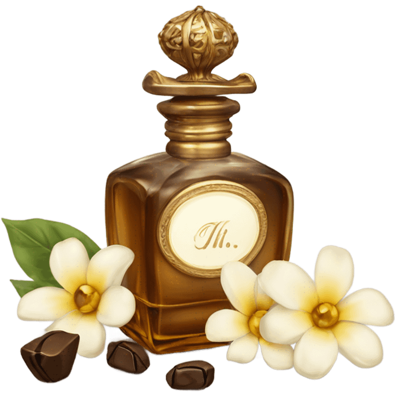 An antique perfume bottle with oil made of bronze and brown crystals, from which white cream and coffee milk flow, yellow flowers of fragrant vanilla lie next to it emoji