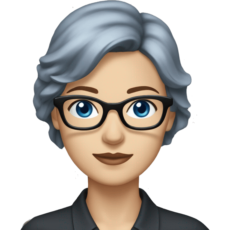 Caucasian woman with chin length choppy dark blue hair and grey-blue eyes wearing light grey square-shaped glasses and a black collared shirt emoji