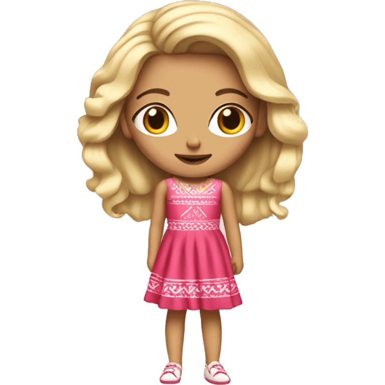 Girl with blonde hair red eyes pink dress white shoes Mexican  emoji