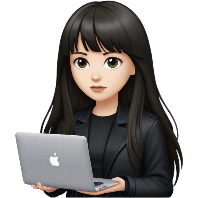 Beautiful white girl, with dark very long hair with bang, wearing black jacket with MacBook  emoji