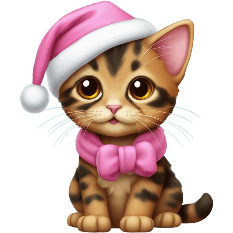 Cute tortoiseshell kitten wearing a pink Santa hat and coat emoji