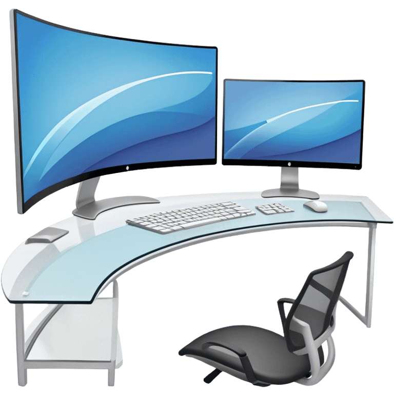 Create an emoji for UX/UI design. Show  large curved monitor displaying windows with UX/UI design HTML program interface. Include a mouse, keyboard, and stylus next to the screens. Use modern, professional colors. Do not include any emojis or smiley faces. Make the background transparent. emoji