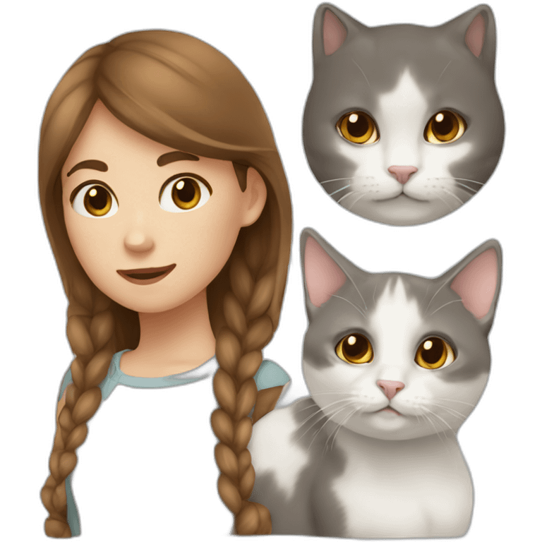 a girl with brown hair, a white cat and a gray cat emoji