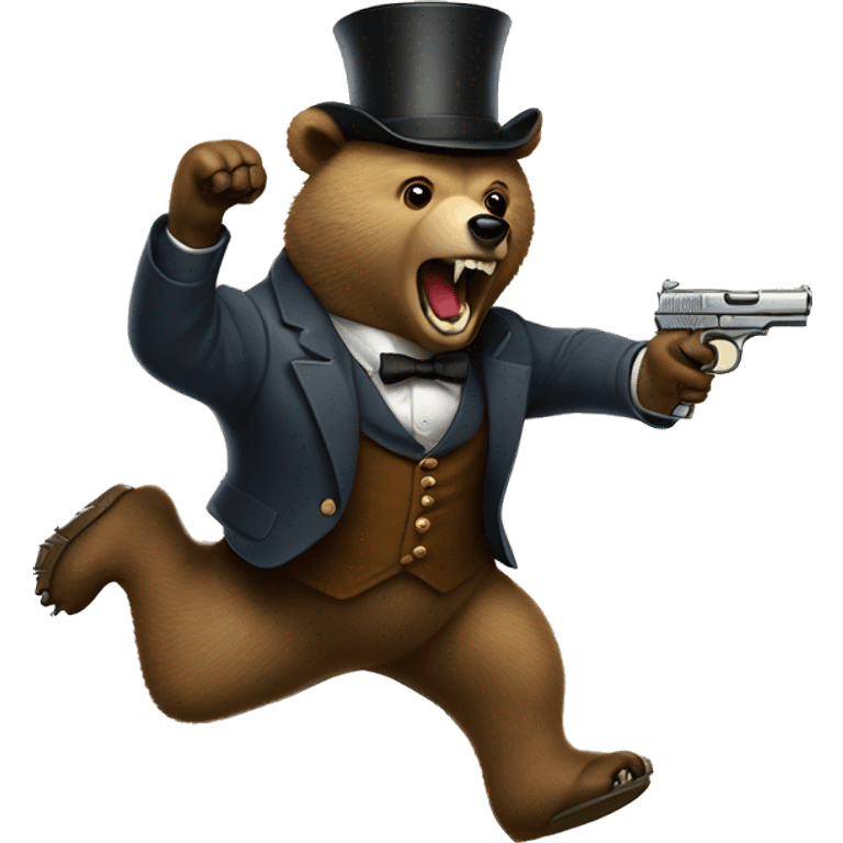 Bear jumping through the air with a 1911 pistol in his teeth and wearing a monocle on its right eye emoji