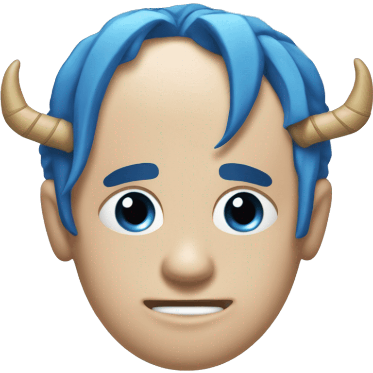 visage déterminé et expressif, avec des yeux intenses, des cornes rappelant celles d'un oni et de longs cheveux blancs teintés de bleu aux extrémités, souvent attachés en une queue de cheval haute. emoji