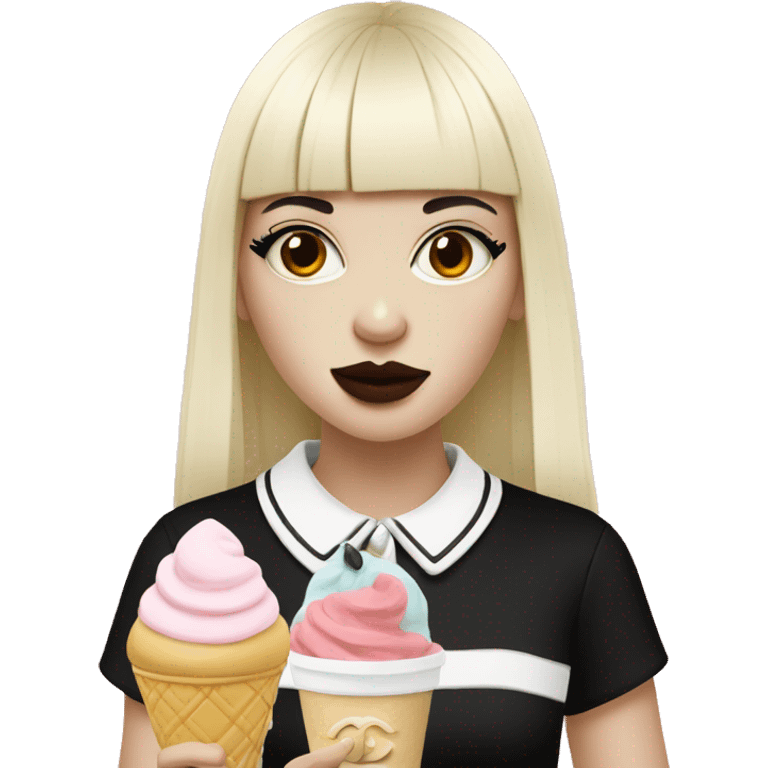 Portrait Girl wearing chanel pale skin with long black  bangs eating icecream  emoji