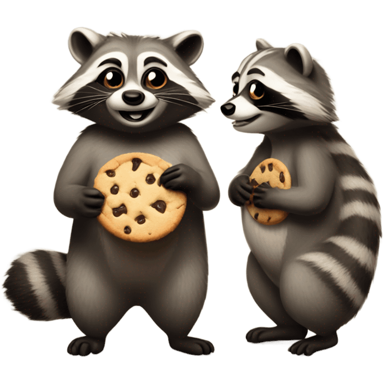 Two raccoons, one is eating a cookie and the other one is sad  emoji