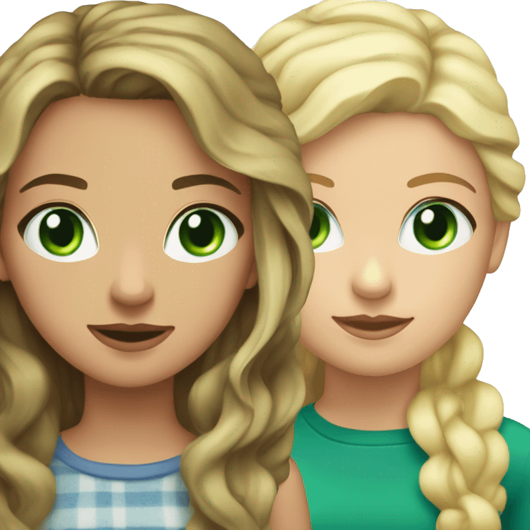 Brunette girl whit wavy hair and green eyes standing besides a flat haired blonde girl whit blue eyes emoji