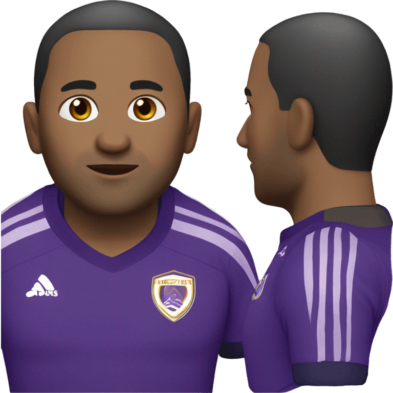 45-year-old man with a slightly round face, short hair with a small central crest and a slightly receding hairline. He has brown eyes, subtle stubble, and wears a black and purple soccer jersey. emoji