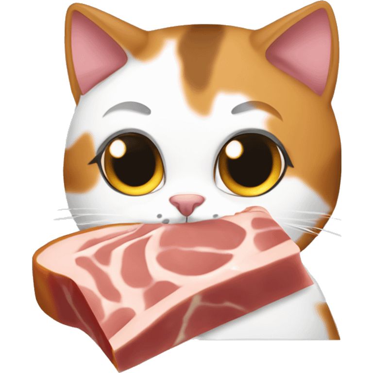 calico tricolor cat eating a piece of ham emoji