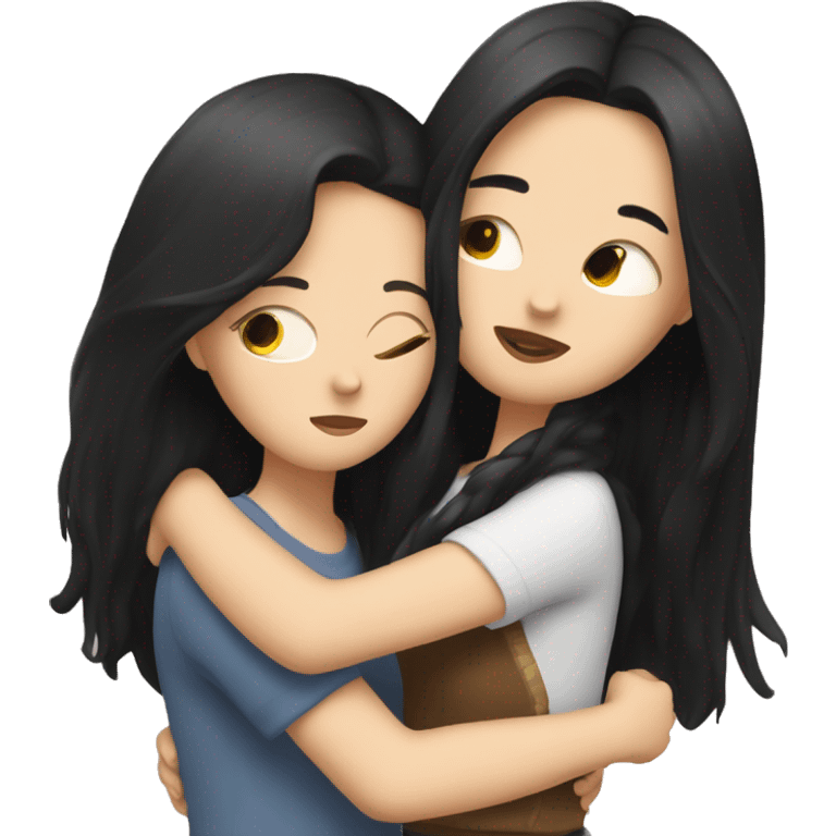 Lesbian with long black hair and white skin hugging her girlfriend from behind emoji