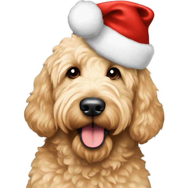 goldendoodle, blond fur, with à christmas hat emoji