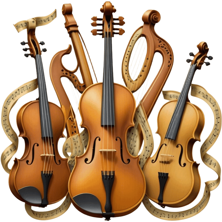 Create a sophisticated, festive, and professional emoji collage resembling a coat of arms, symbolizing string instruments. The design should feature several string instruments, such as a violin, cello, guitar, and harp, arranged in an elegant, balanced composition. Each instrument's neck (fingerboard) should intertwine with flowing musical notes, forming a ribbon-like structure that weaves through the instruments. The strings of the instruments should be emphasized, creating a dynamic and elegant effect. Use rich gold and silver accents to highlight the professional quality of the instruments, with deep wooden tones for the body of each instrument. Surround the instruments with a subtle border, resembling a heraldic crest, and add small decorative elements like laurel leaves or subtle flourishes. The background should be transparent to keep the design clean and polished. emoji