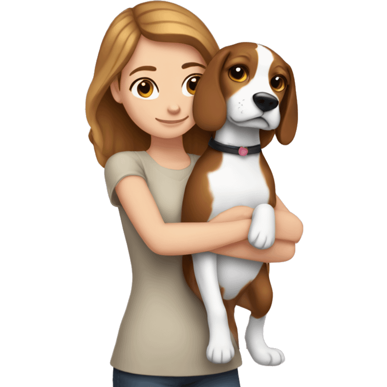 White girl with brown hair hugs beagle emoji