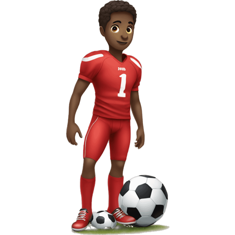 A kid in a red football shirt with his foot on a football emoji