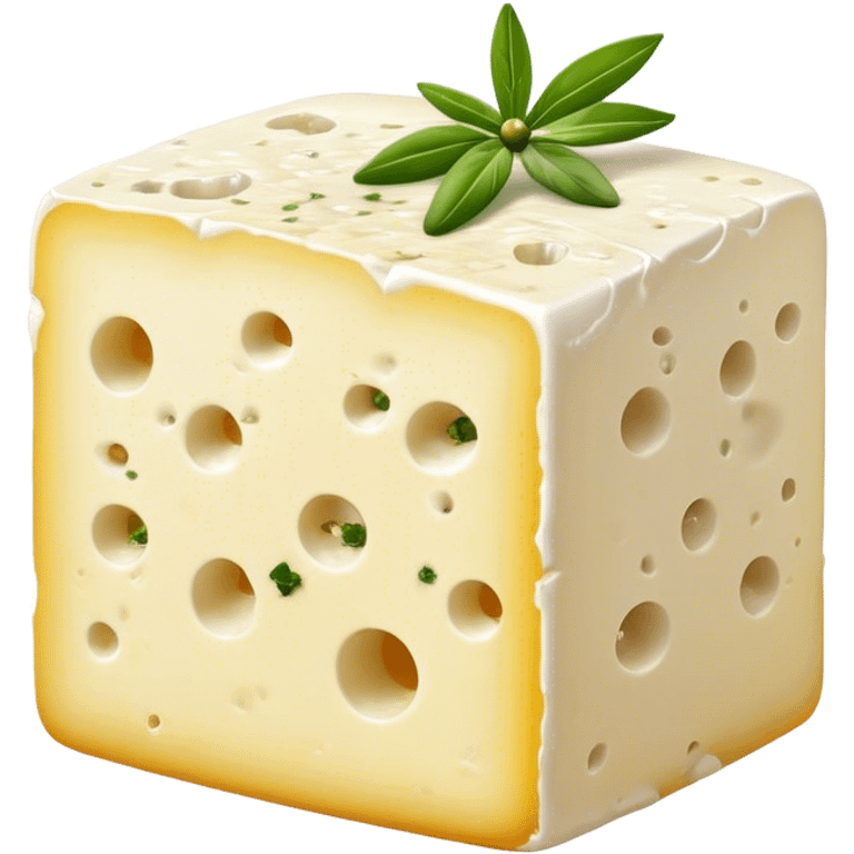 Cinematic Realistic Feta Cheese Dish Emoji, depicted as a block of crumbly, tangy cheese garnished with olive oil and herbs rendered with lifelike detail and soft natural lighting. emoji